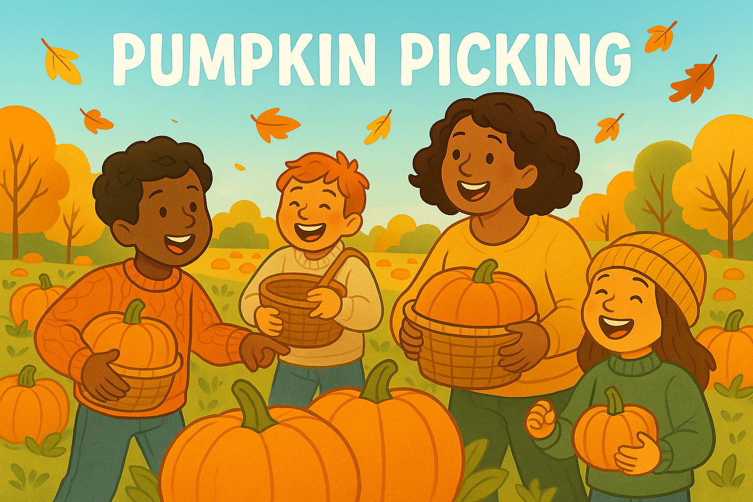 An adult and three kids enjoying picking pumpkins