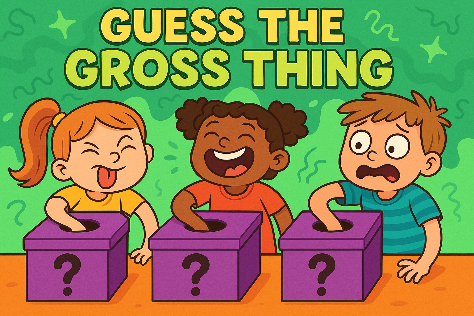 Kids putting their hands into boxes with expressions of delight and disgust.
