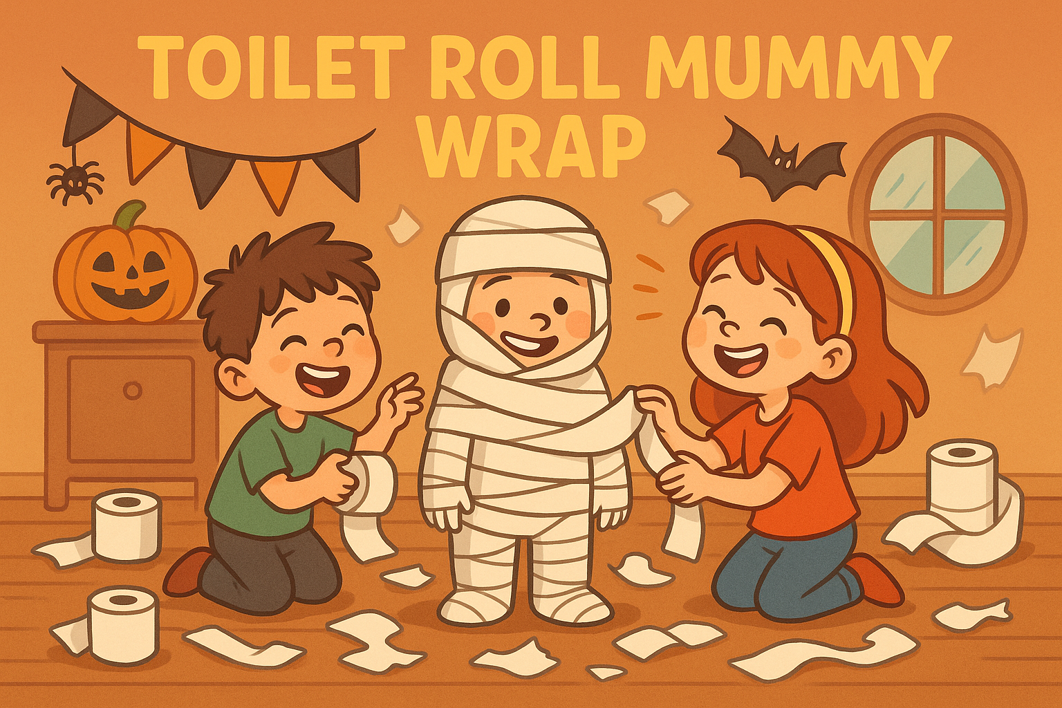 Kids wrapping their friend in toilet roll to make them look like an Egyptian mummy