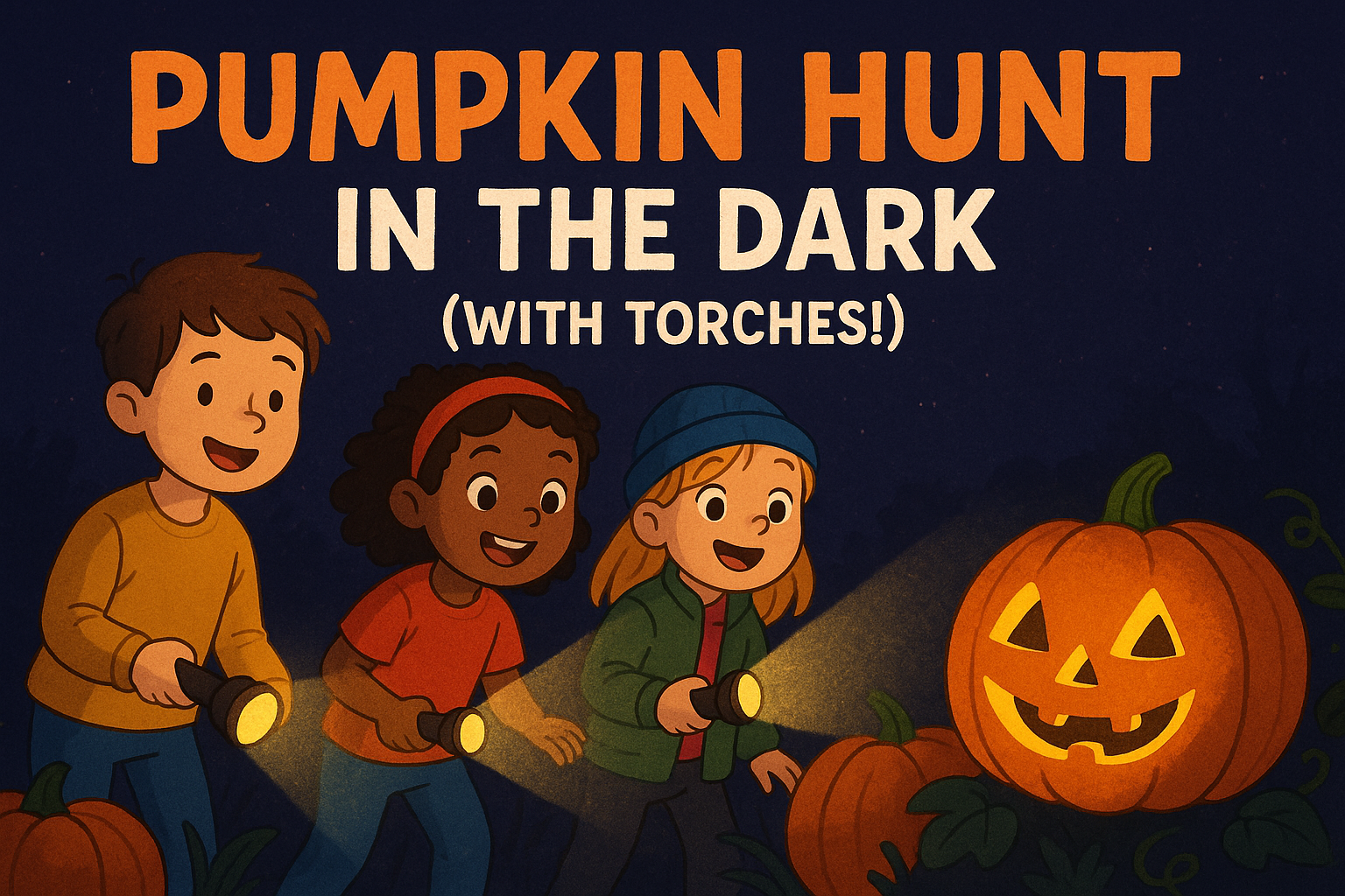 Kids with flashlights searching for a pumpkin in the dark